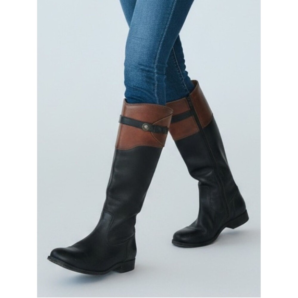 Frye Black and Brown Leather Knee High Riding Boots